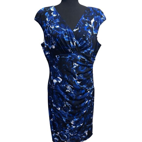 Lauren Ralph Lauren Blue Black Abstract Print Ruched Wrap Dress Cap Sleeve Size - Picture 1 of 11